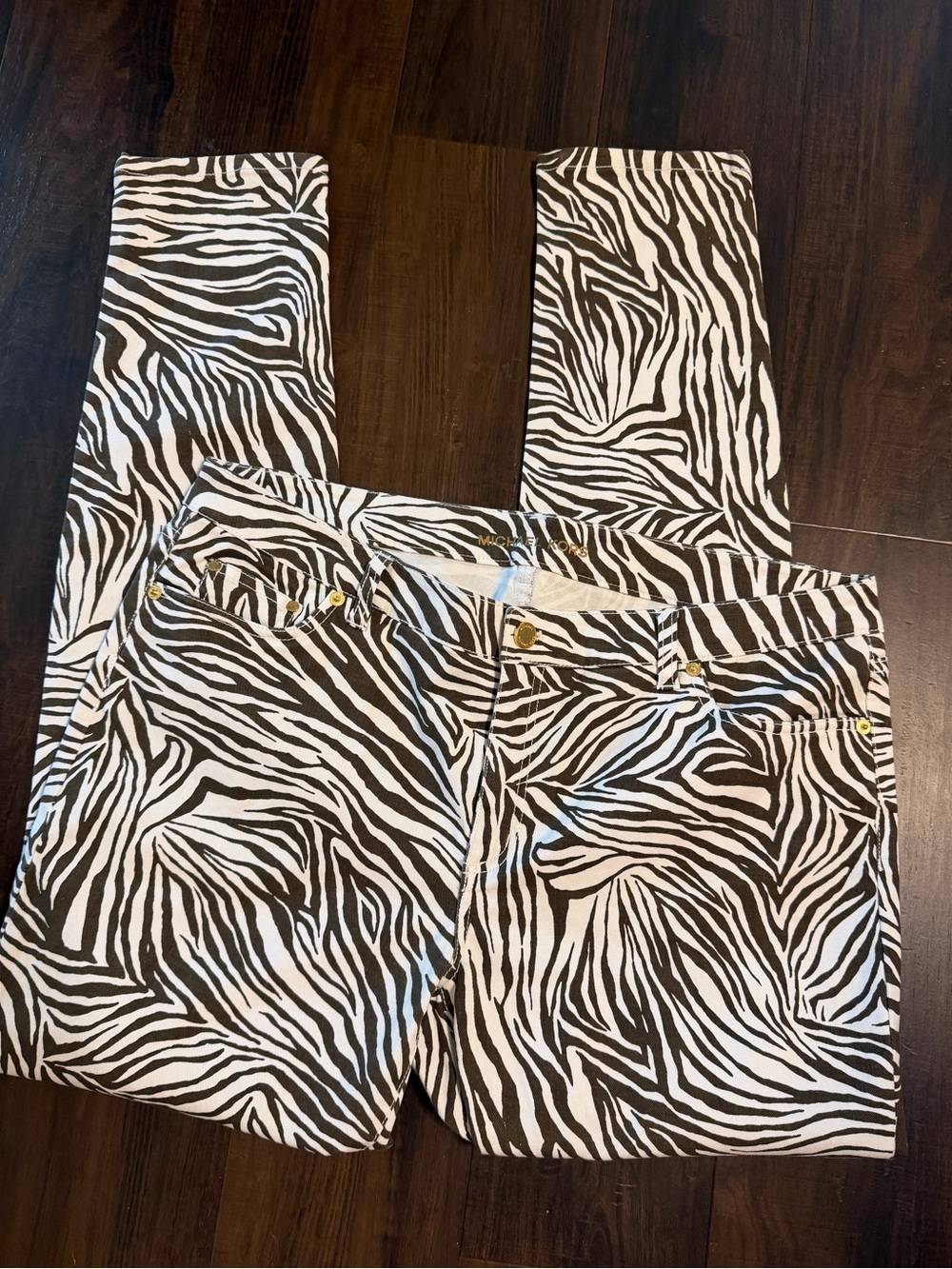 Michael Kors Women’s 14 Zebra Print Stretch Skinny Pants Brown Ivory Animal Prin